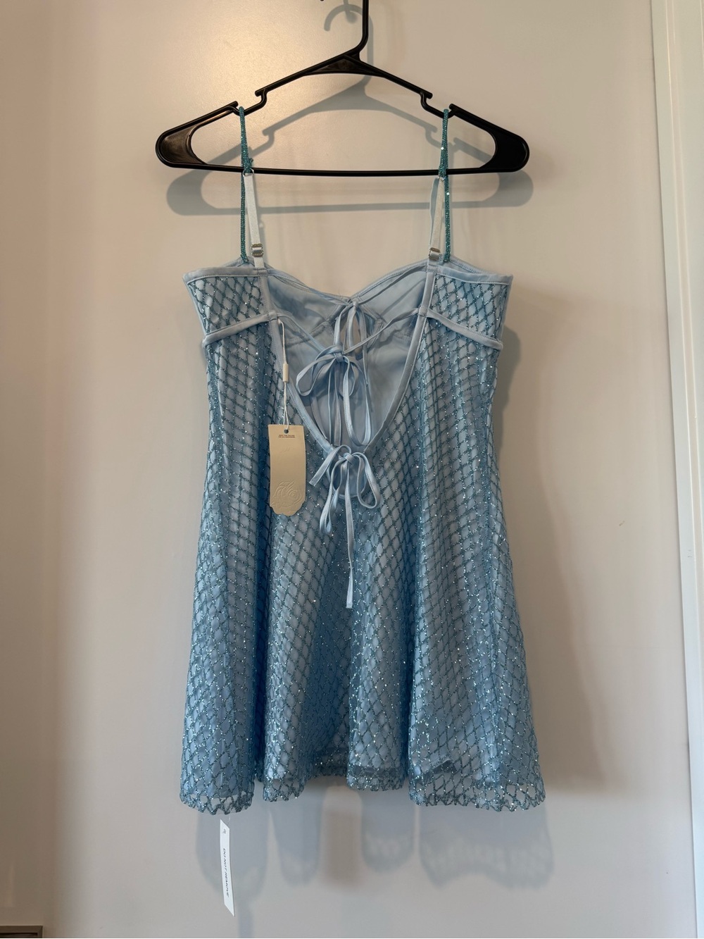 NWT For Love & Lemons Blue Glitter Mesh Mini Slip Dress Rhinestone Fishnet - Picture 5 of 8